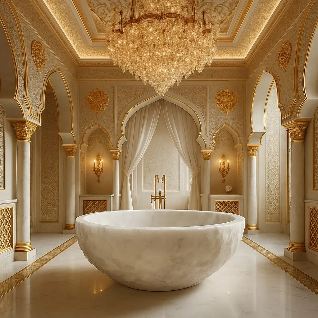 Bathroom interior with hand-carved stone bath