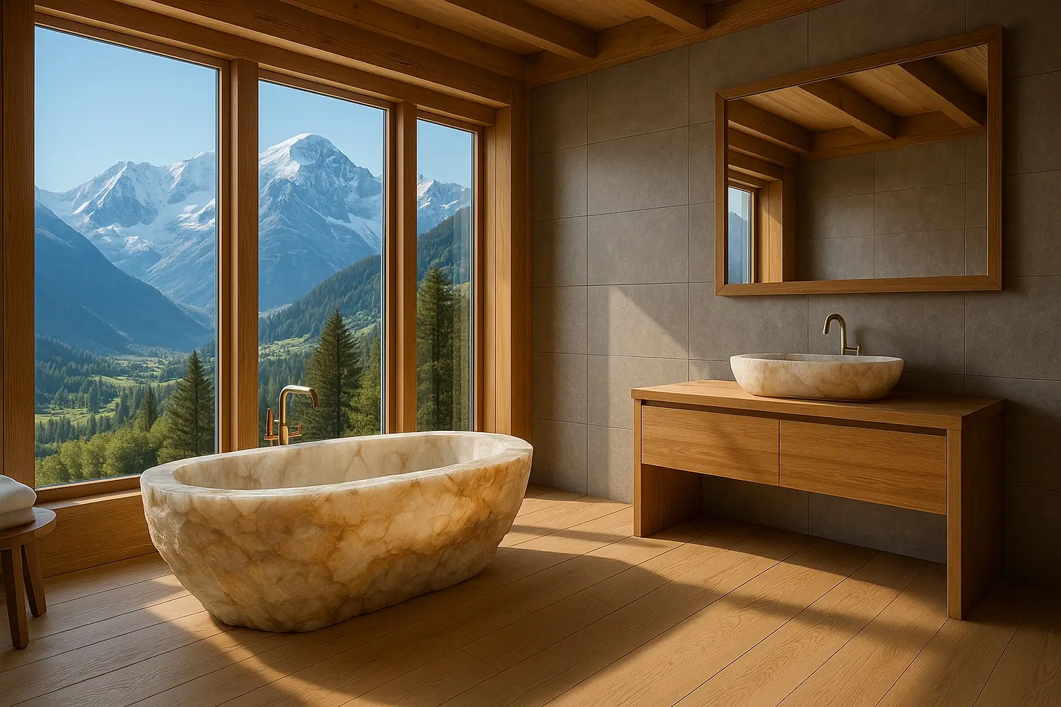 Artisan-carved bath in a mountain-view bathroom