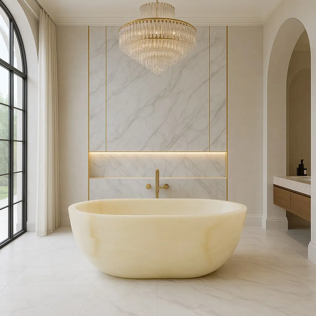 Onyx bath in candlelit interior