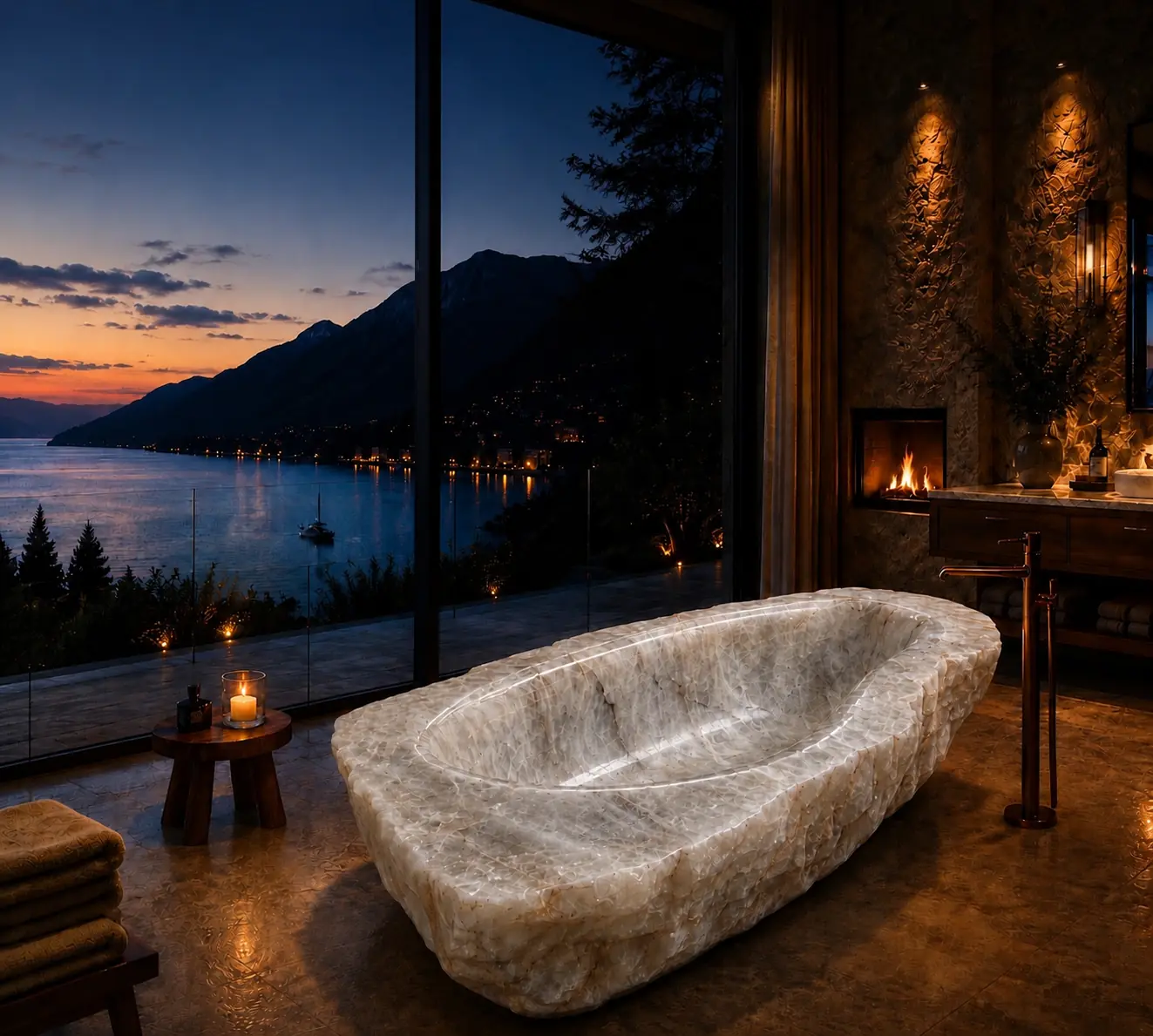 Hand-carved crystal bath overlooking a mountain lake at sunset