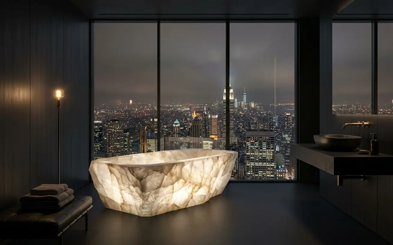 Crystal bath with a New York City skyline view at night